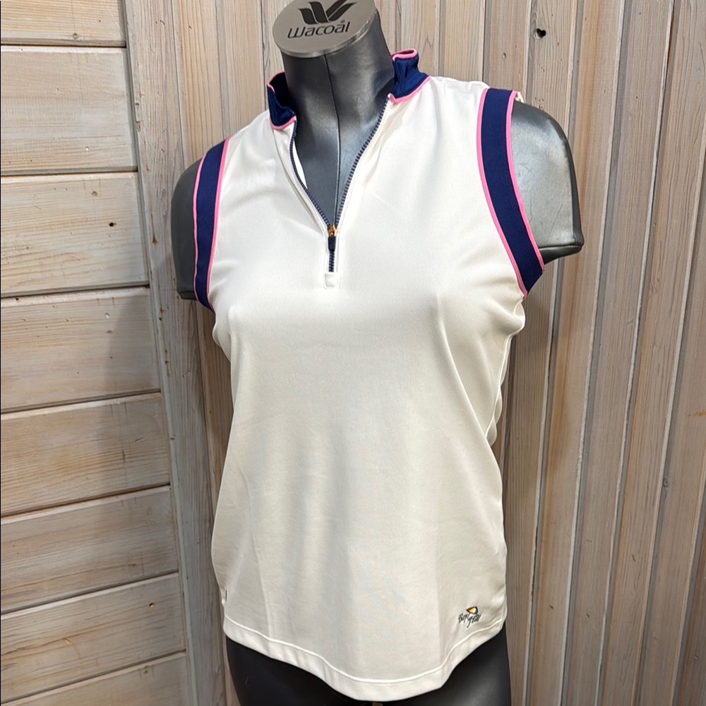 White and Blue Fitted Sleeveless Polo Tank Top